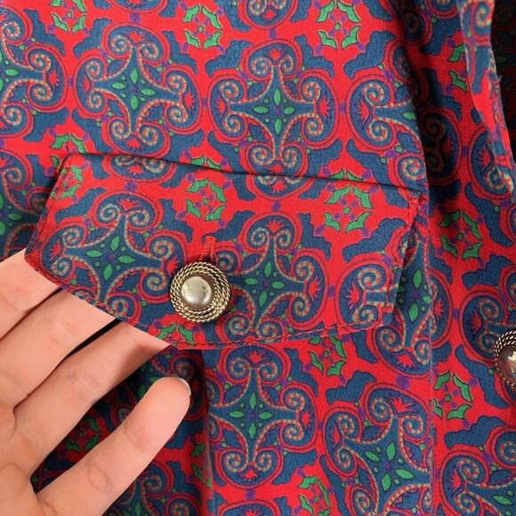 Leslie Fay Midi Dress Women's 8 Petite Red Blue Long Sleeve Collared Pleated - Picture 3 of 10